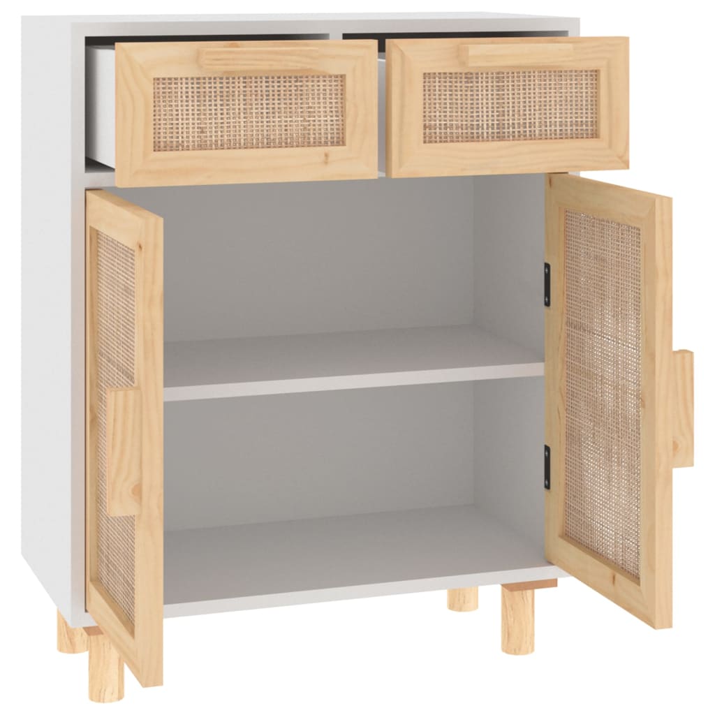 Buffet Blanc 60x30x75 cm Bois de pin massif et rotin naturel - XIOS