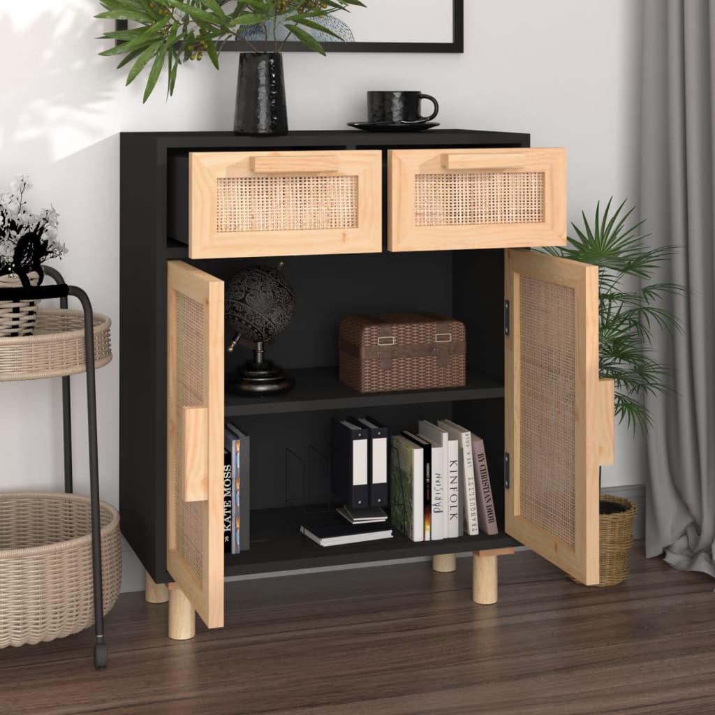 Buffet Noir 60x30x75 cm Bois de pin massif et rotin naturel - XIOS
