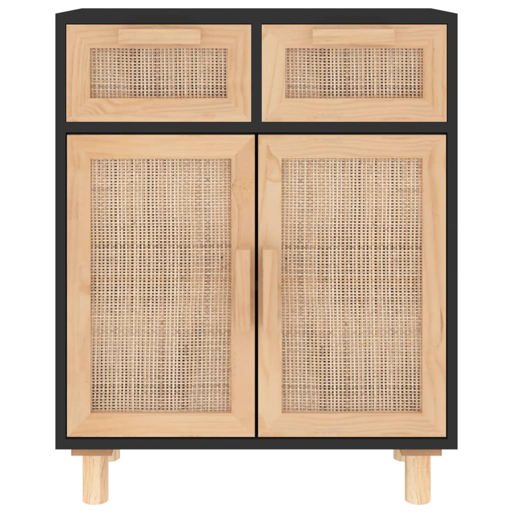 Buffet Noir 60x30x75 cm Bois de pin massif et rotin naturel - XIOS