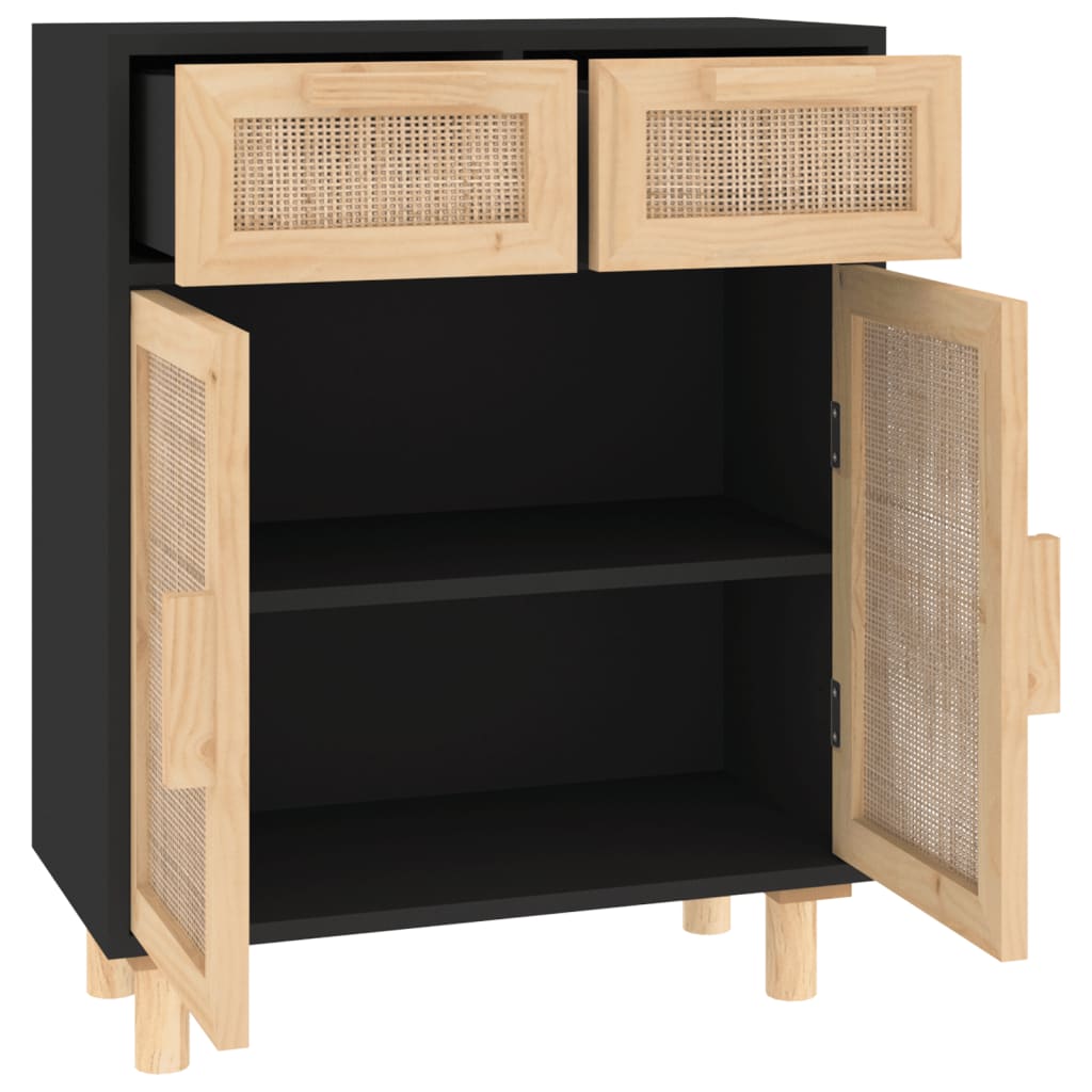 Buffet Noir 60x30x75 cm Bois de pin massif et rotin naturel - XIOS