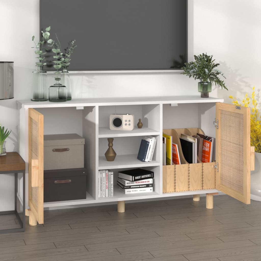 Buffet Blanc 105x30x60 cm Bois de pin massif et rotin naturel - XIOS