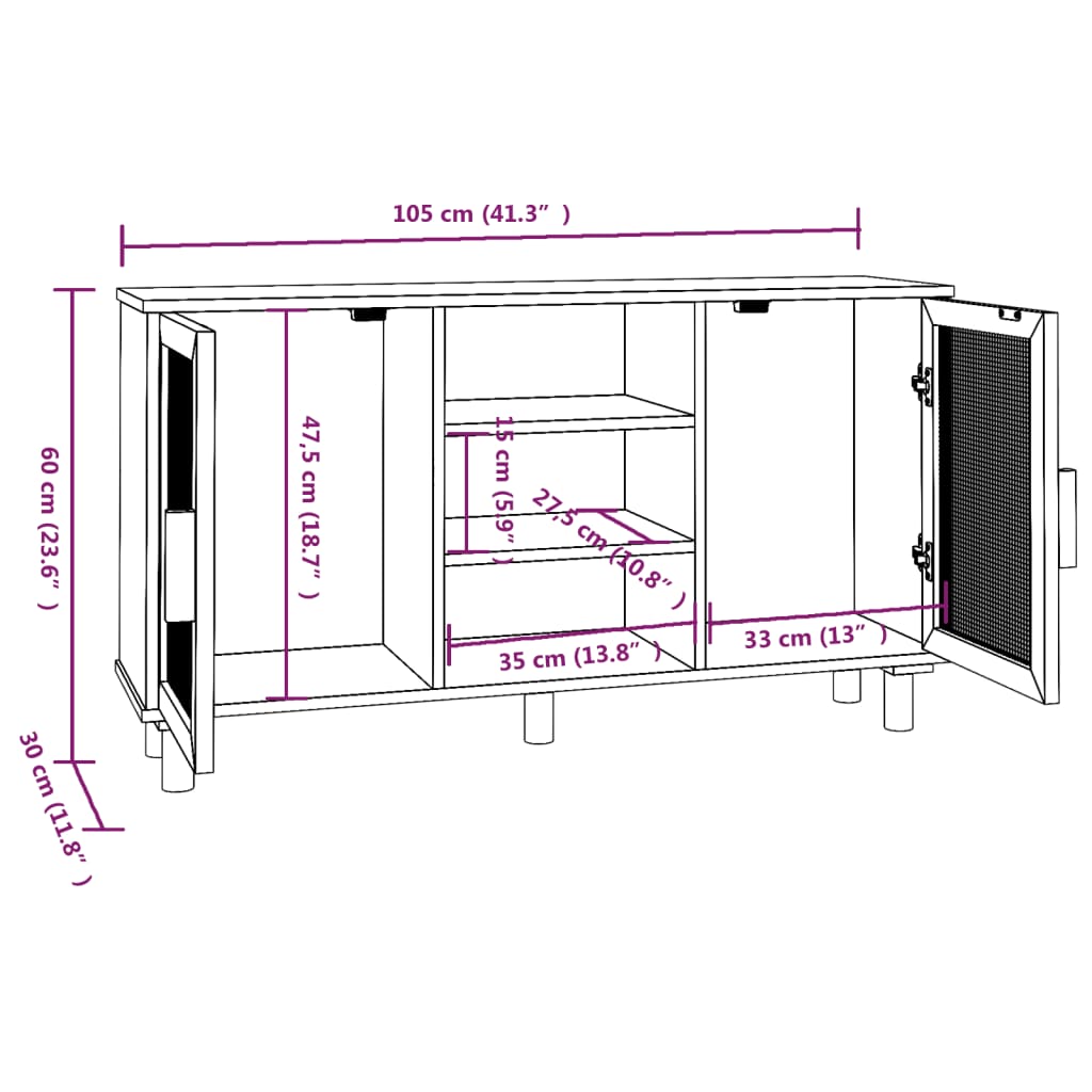Buffet Blanc 105x30x60 cm Bois de pin massif et rotin naturel - XIOS