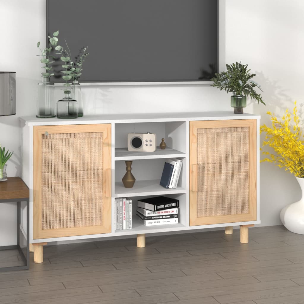 Buffet Blanc 105x30x60 cm Bois de pin massif et rotin naturel - XIOS