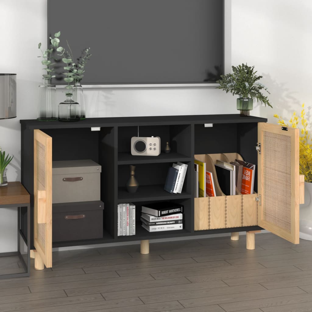 Buffet Noir 105x30x60 cm Bois de pin massif et rotin naturel - XIOS