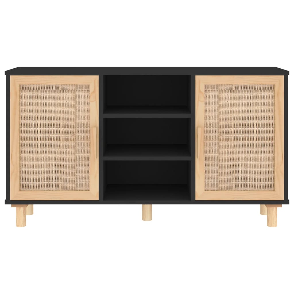 Buffet Noir 105x30x60 cm Bois de pin massif et rotin naturel - XIOS