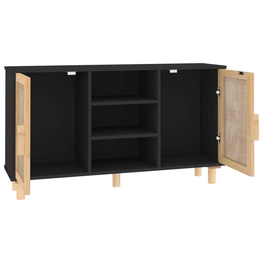 Buffet Noir 105x30x60 cm Bois de pin massif et rotin naturel - XIOS