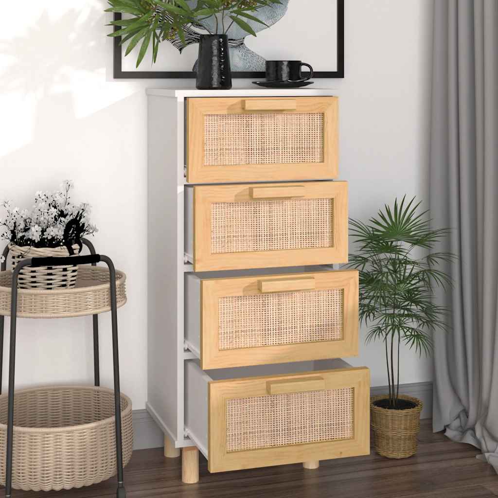 Buffet Blanc 40x30x90 cm Bois de pin massif et rotin naturel - XIOS