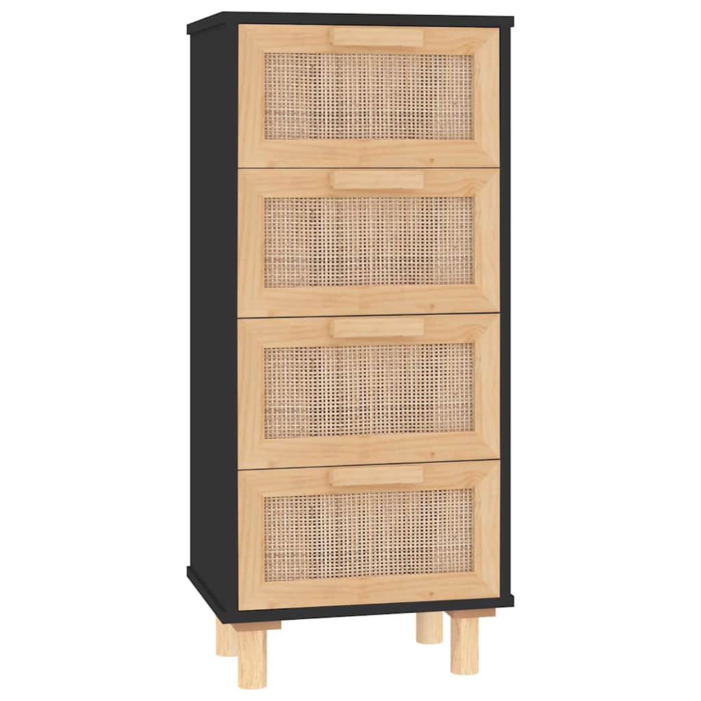 Buffet Noir 40x30x90 cm Bois de pin massif et rotin naturel - XIOS