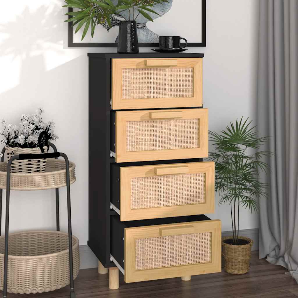 Buffet Noir 40x30x90 cm Bois de pin massif et rotin naturel - XIOS