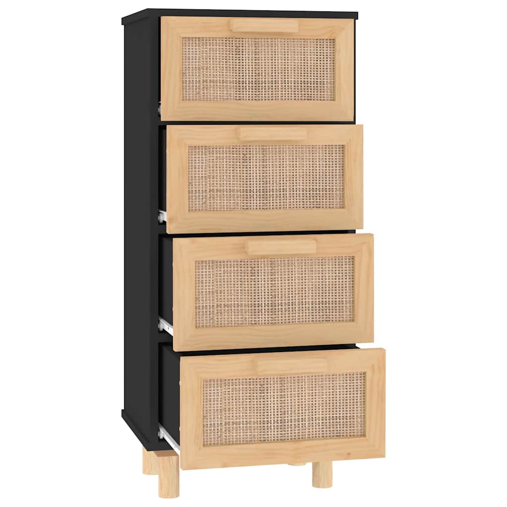 Buffet Noir 40x30x90 cm Bois de pin massif et rotin naturel - XIOS