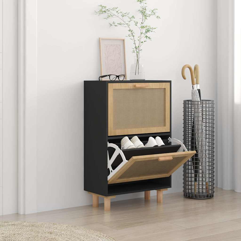 Armoire à chaussures Noir 52x25x80 cm Bois d'ingénierie/rotin - XIOS
