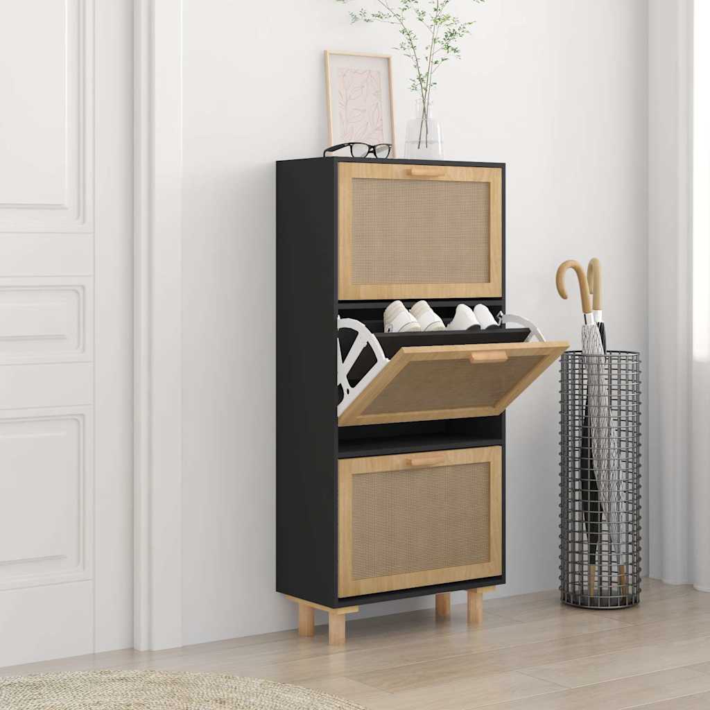 Armoire à chaussures Noir 52x25x115 cm Bois d'ingénierie/rotin - XIOS