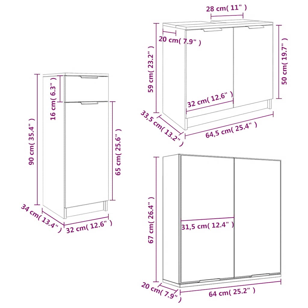 Ensemble d'armoires salle de bain 3 pcs blanc bois d'ingénierie
