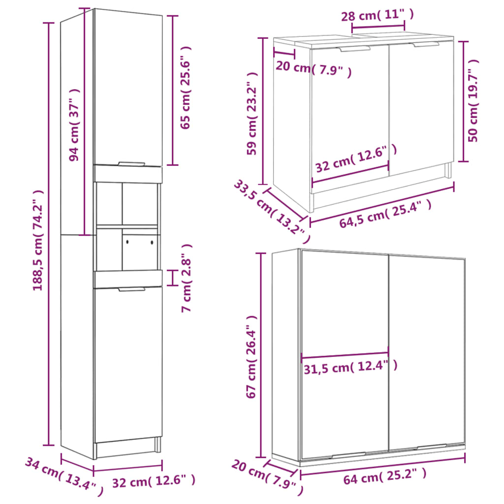 Ensemble d'armoires salle de bain 3 pcs blanc bois d'ingénierie
