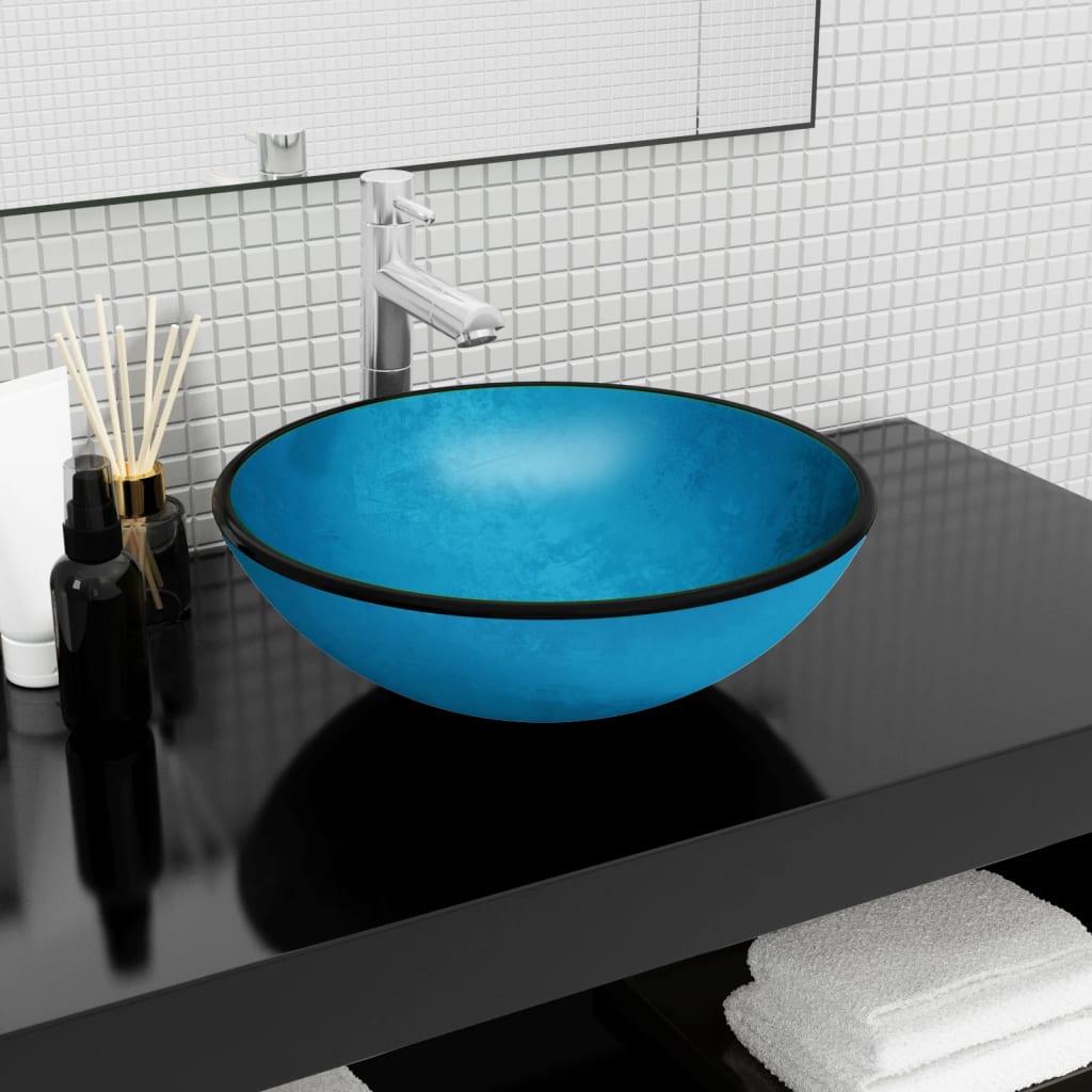 Lavabo Verre trempé 42x14 cm Bleu Lavabos vidaXL
