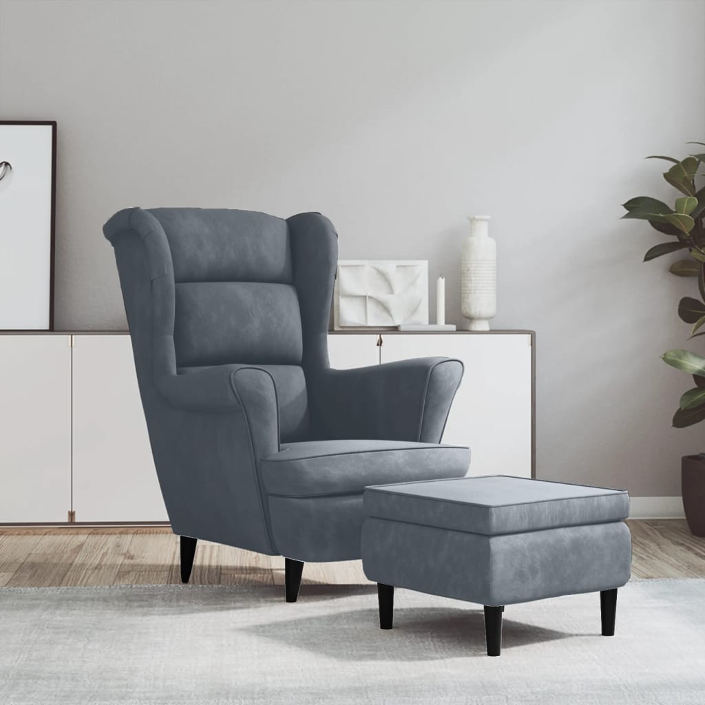 Fauteuil à oreilles avec tabouret gris foncé velours - XIOS
