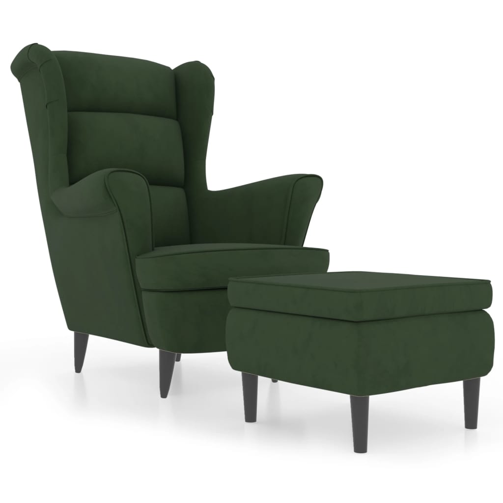 Fauteuil à oreilles avec tabouret vert foncé velours - XIOS