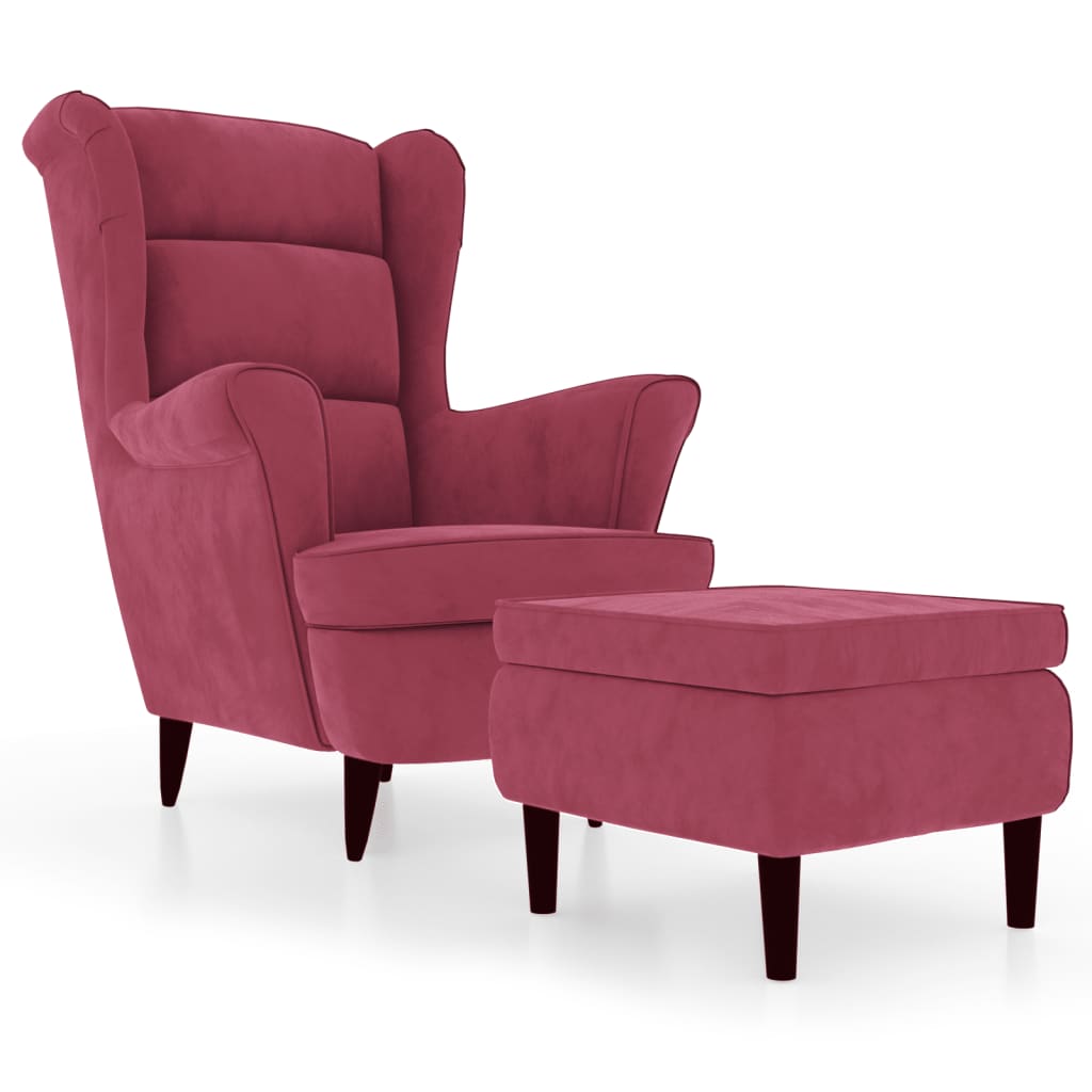 Fauteuil à oreilles avec tabouret bordeaux velours