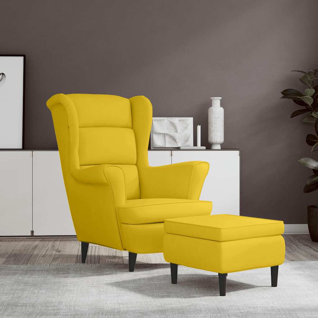 Fauteuil à oreilles avec tabouret jaune moutarde velours - XIOS