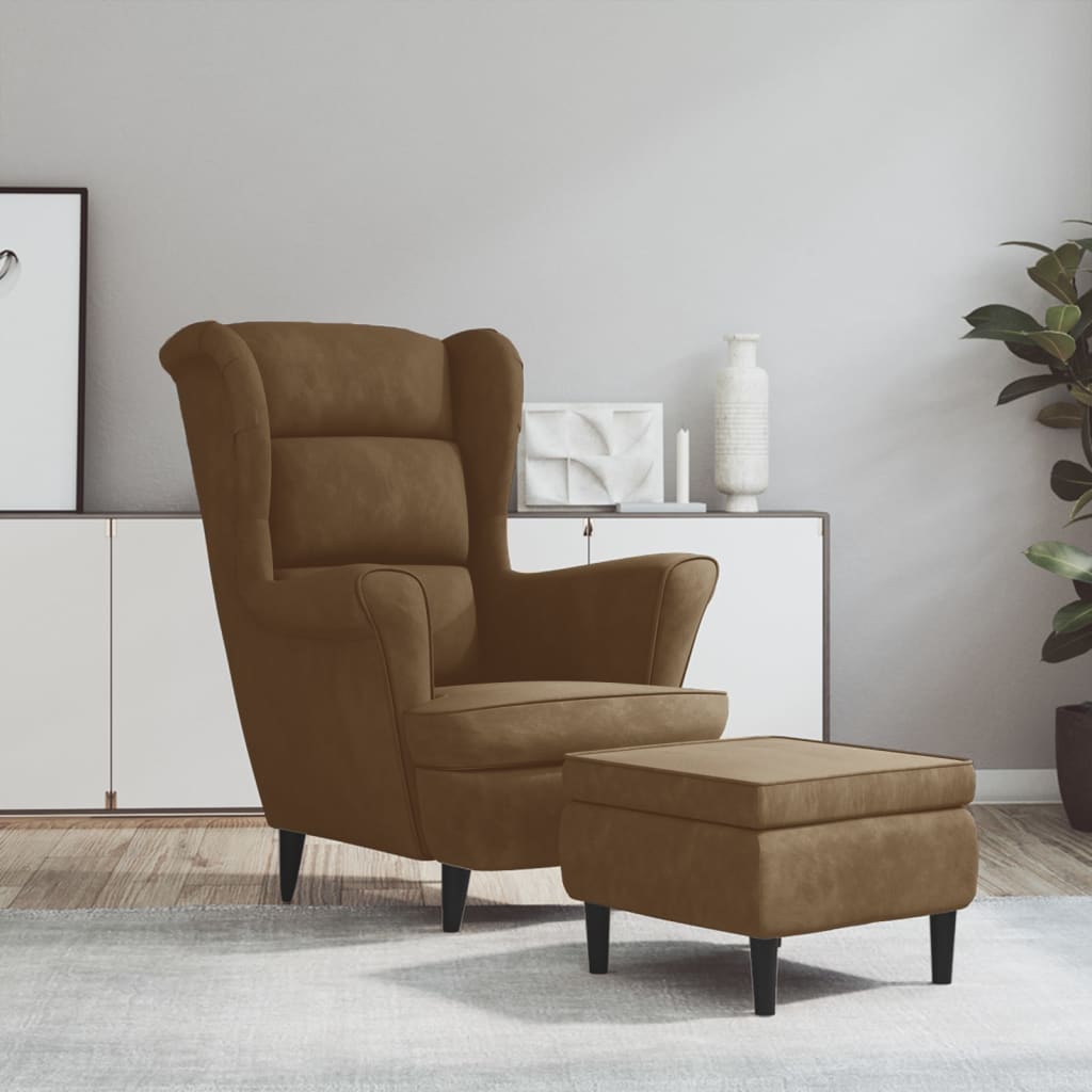 Fauteuil à oreilles avec tabouret marron velours - XIOS