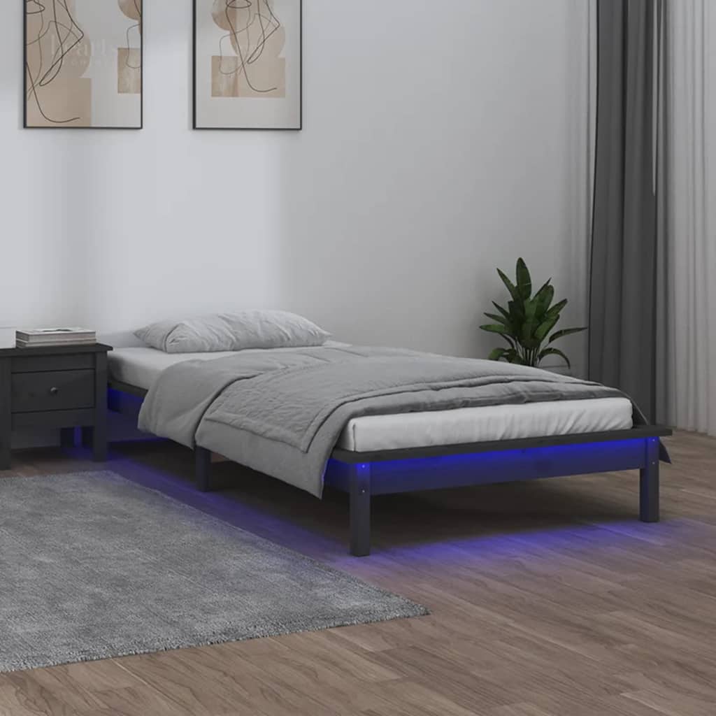 Cadre de lit à LED sans matelas gris 90x200 cm bois massif - XIOS