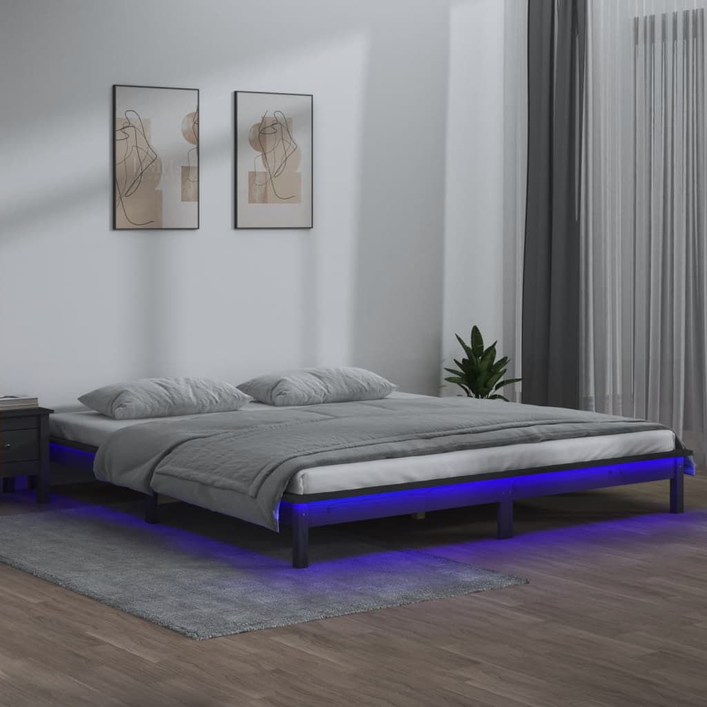 Cadre de lit à LED sans matelas gris 200x200 cm bois massif - XIOS