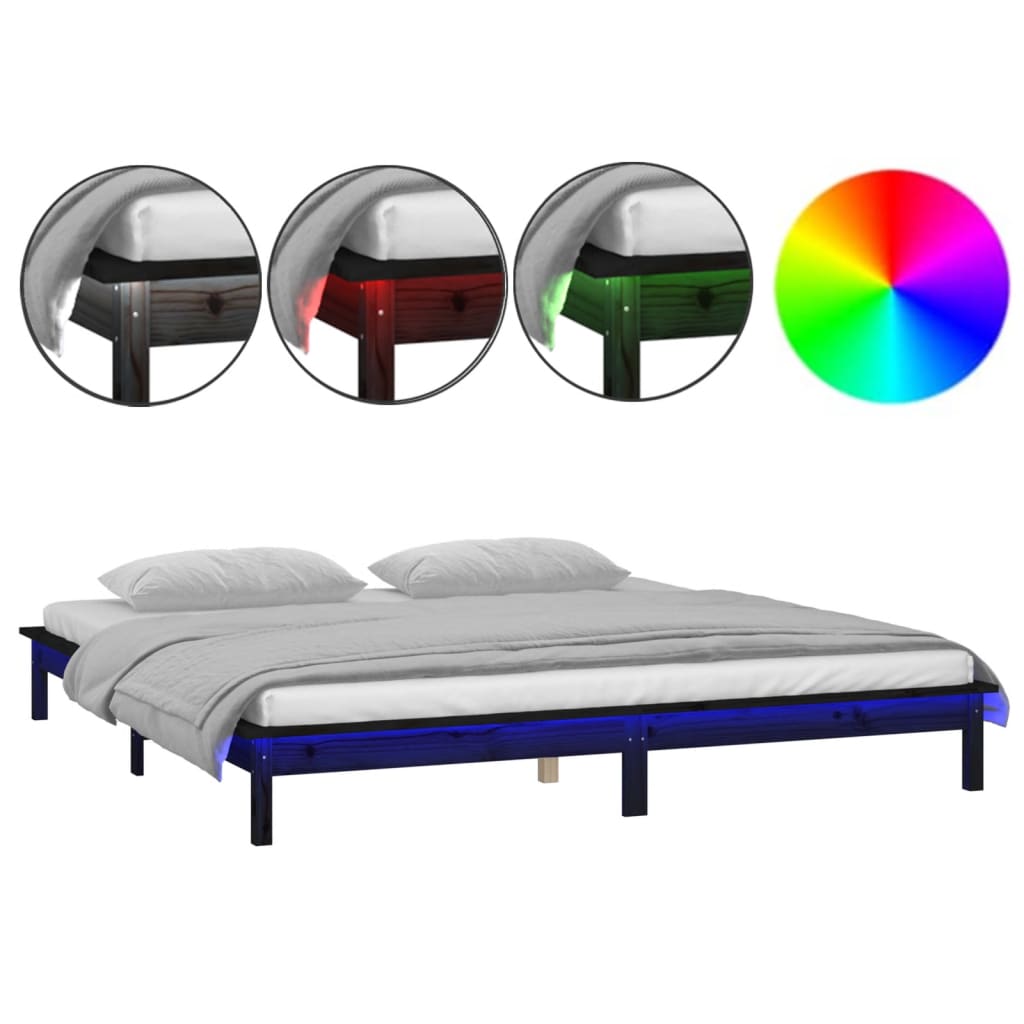 Cadre de lit à LED sans matelas noir 200x200 cm bois massif - XIOS