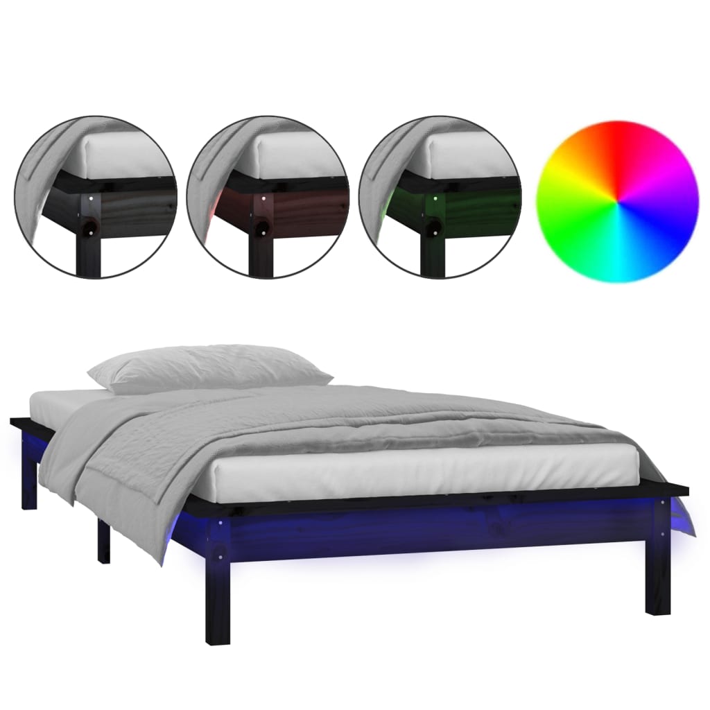 Cadre de lit à LED sans matelas noir 75x190 cm bois massif - XIOS