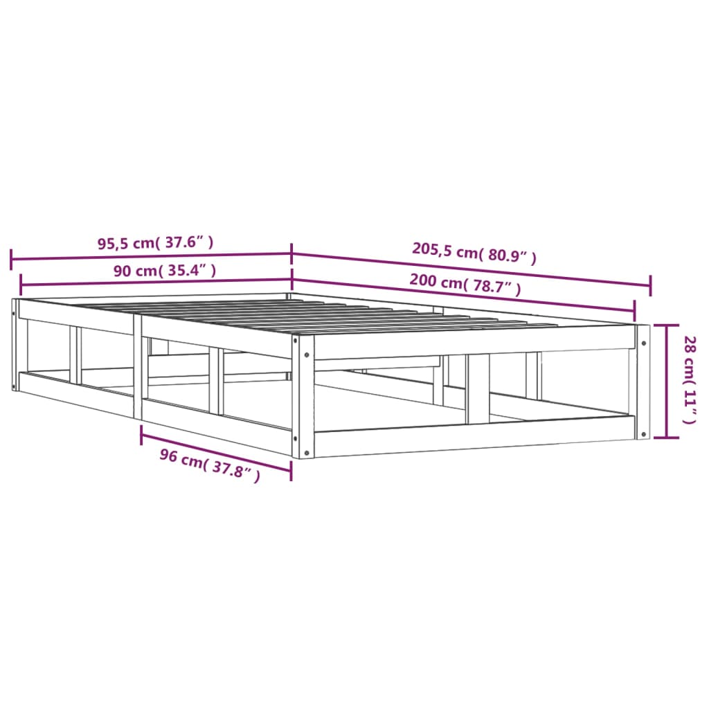 Cadre de lit sans matelas noir 90x200 cm bois massif - XIOS