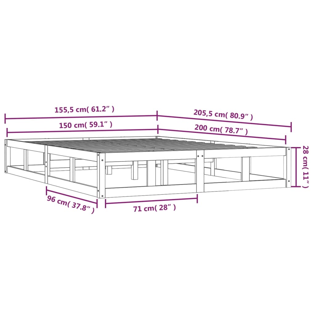 Cadre de lit sans matelas gris 150x200 cm bois massif - XIOS