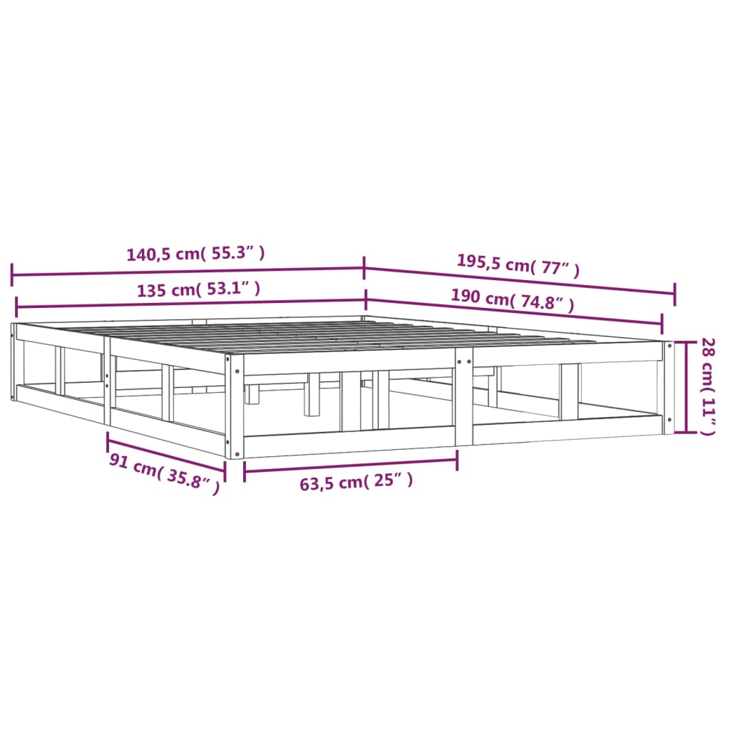 Cadre de lit sans matelas 135x190 cm bois massif - XIOS