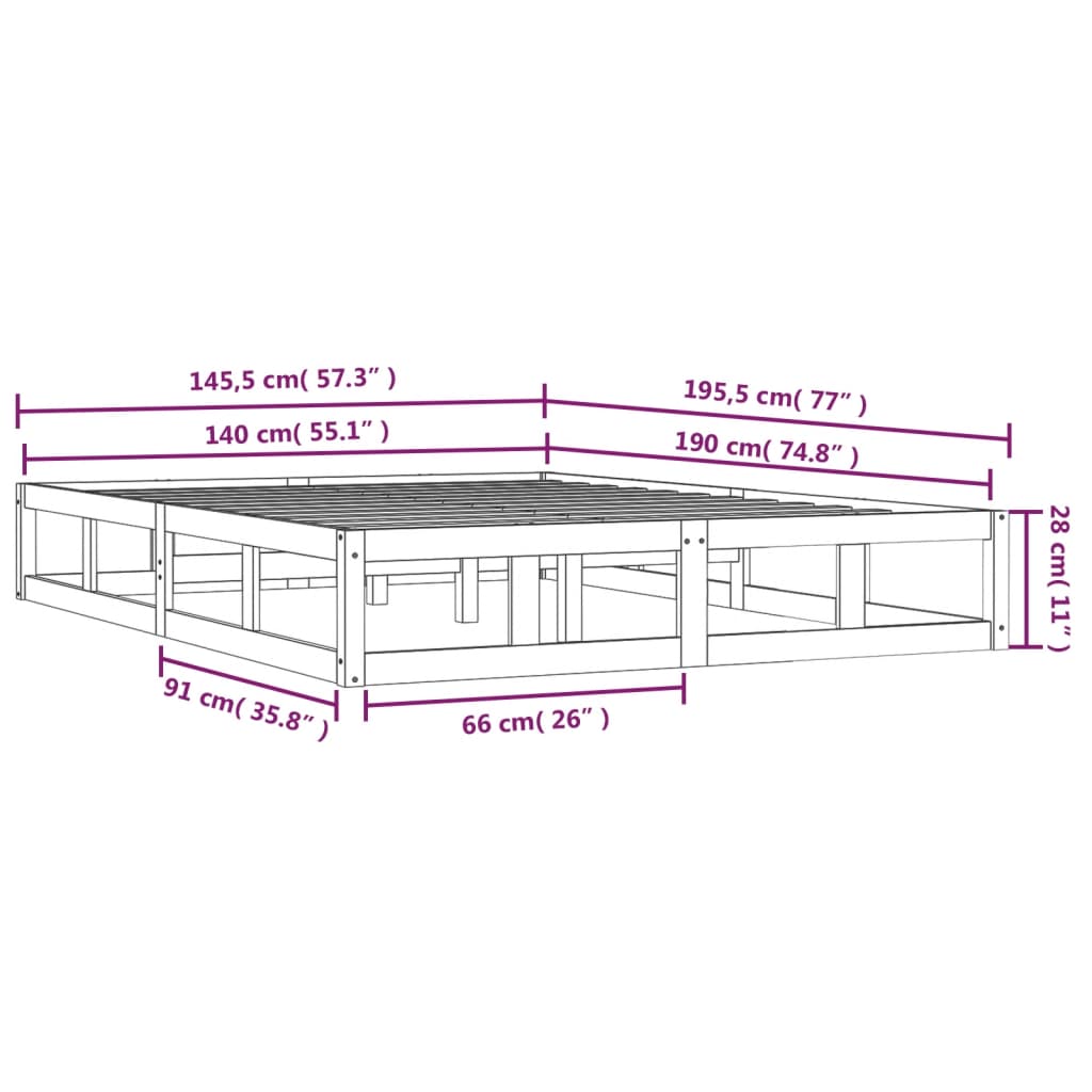 Cadre de lit sans matelas noir 140x190 cm bois massif - XIOS