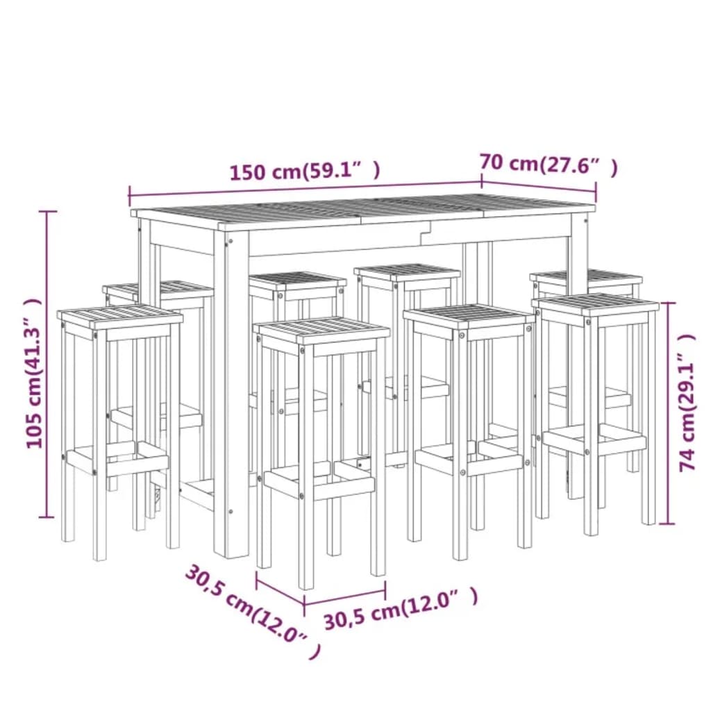 Ensemble de bar de jardin 9 pcs Bois d'acacia solide