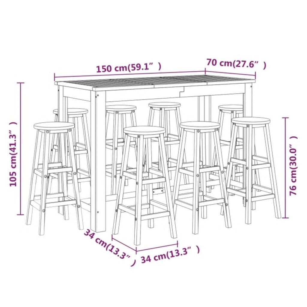 Ensemble de bar de jardin 9 pcs Bois d'acacia solide