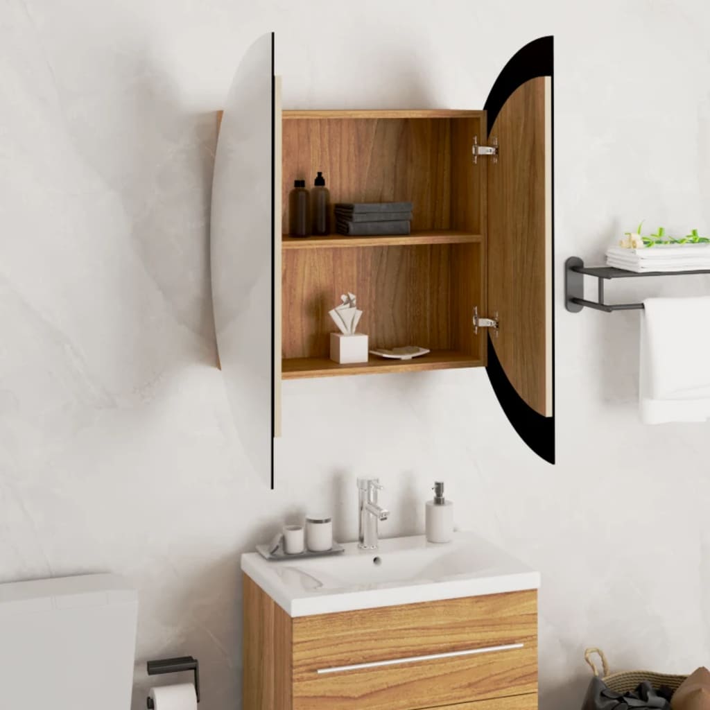 Armoire de salle de bain miroir rond et LED Chêne 54x54x17,5 cm - XIOS