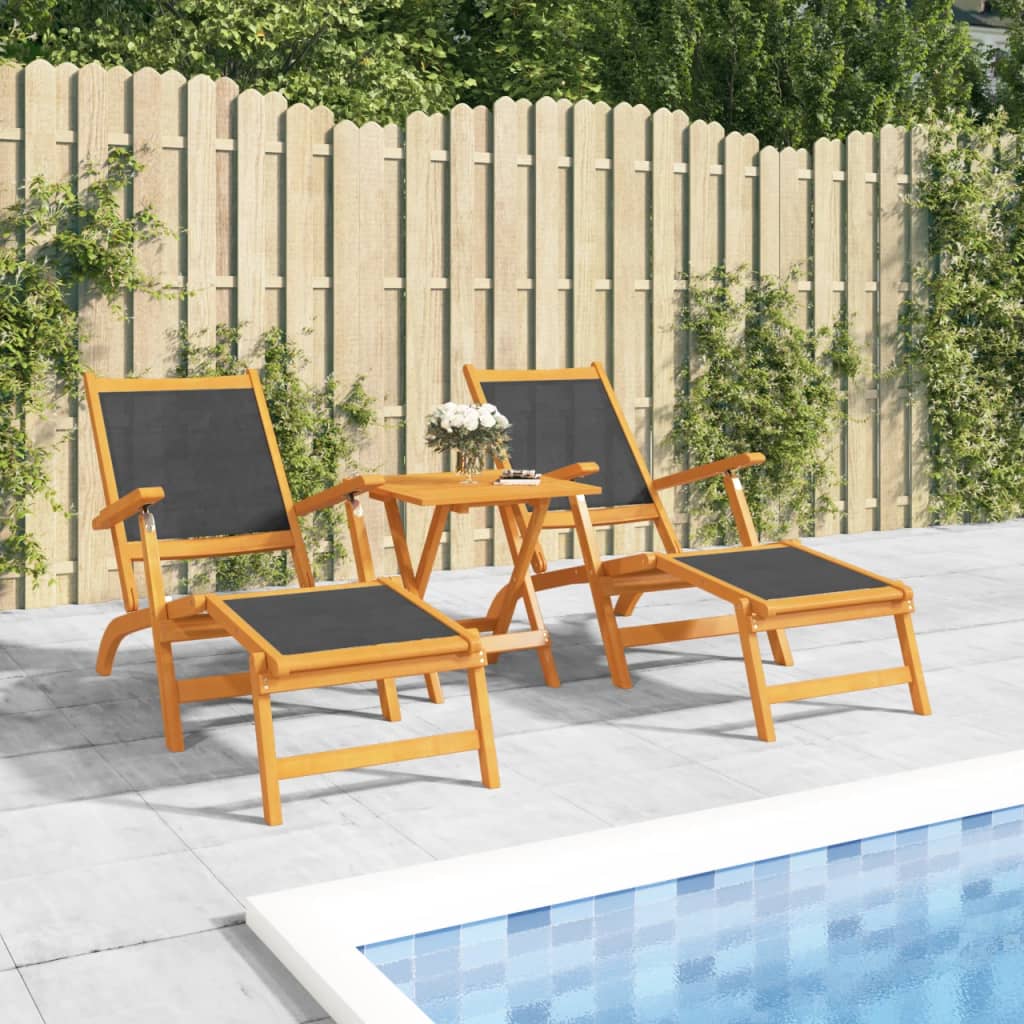 Chaises longues d'extérieur et table Acacia massif et textilène Bains de soleil vidaXL