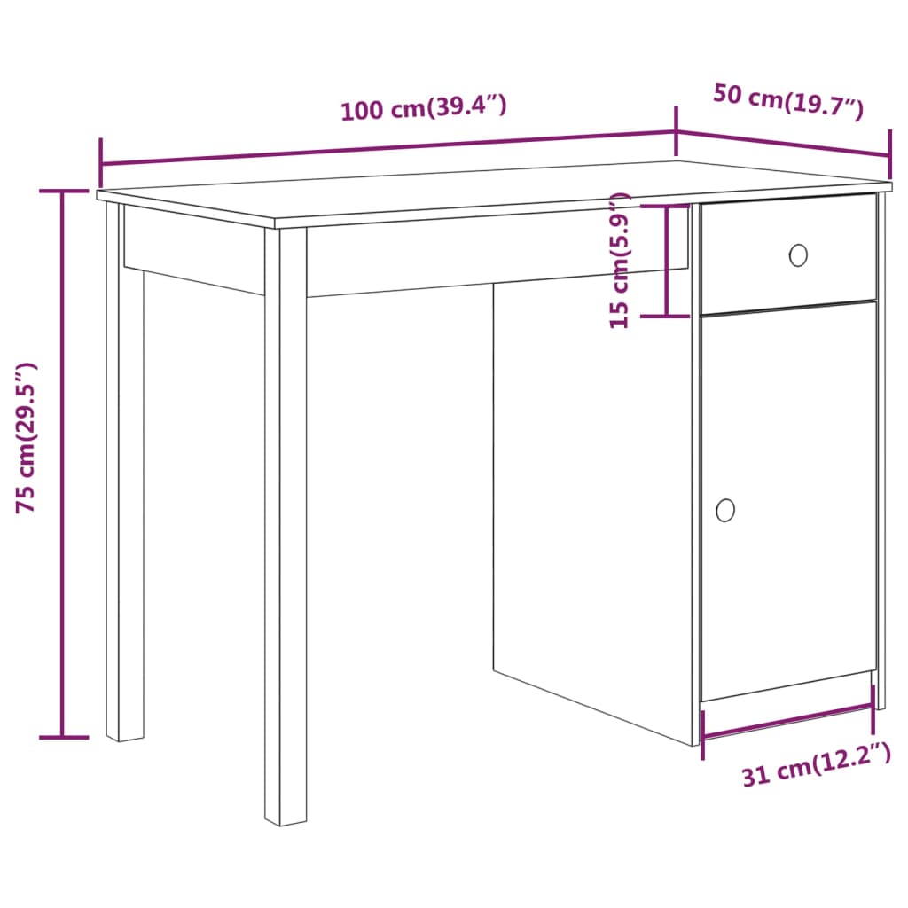 Bureau 100x50x75 cm Bois massif de pin Bureaux vidaXL   