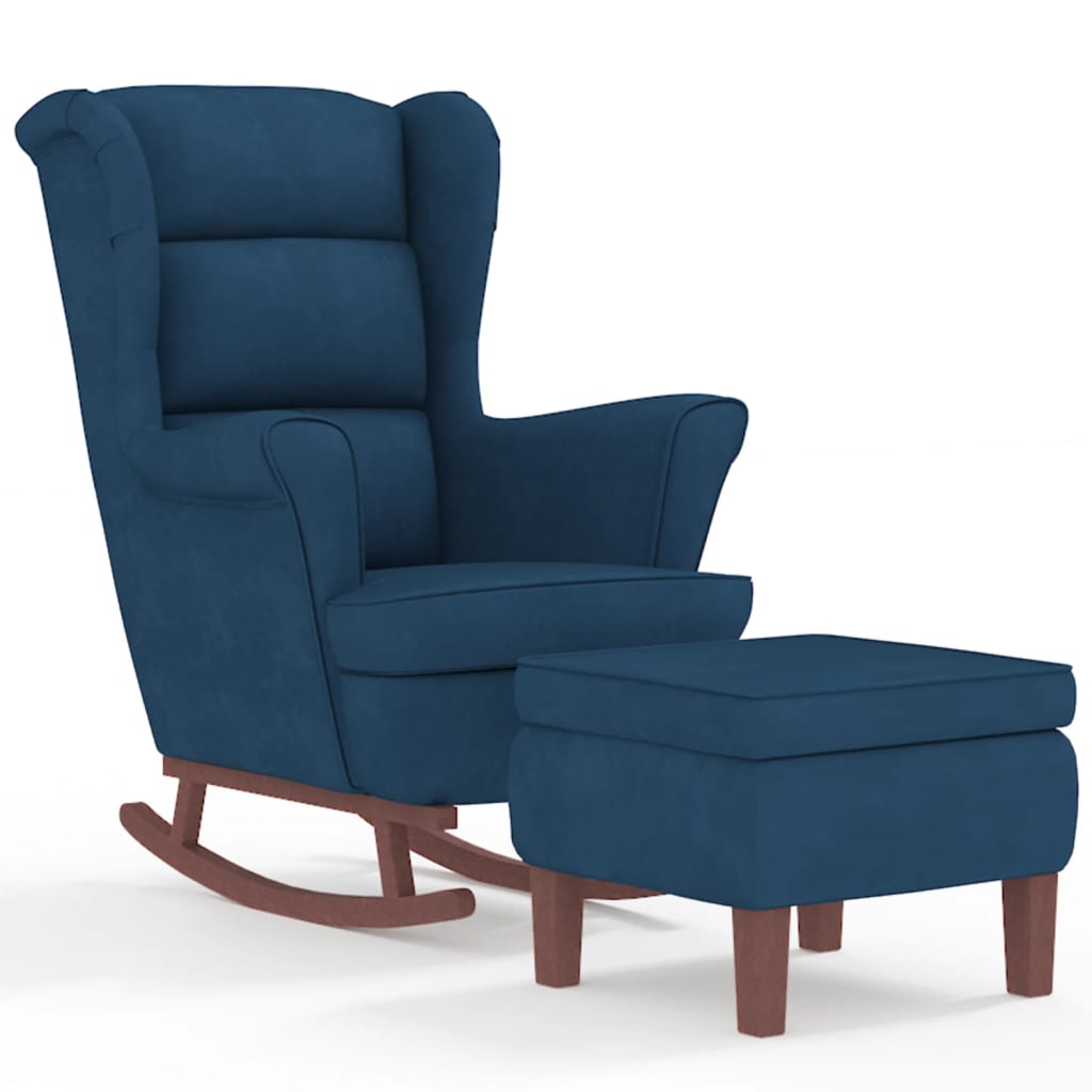 Chaise à bascule avec pieds en bois et tabouret Bleu Velours - XIOS