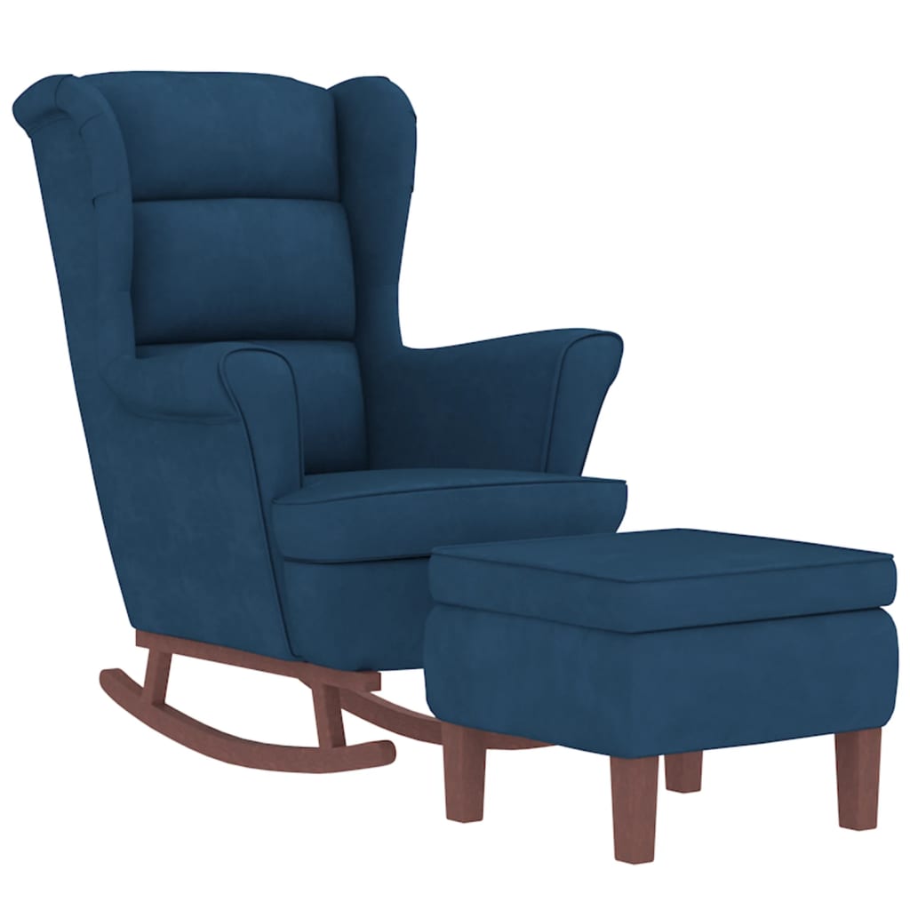Chaise à bascule avec pieds en bois et tabouret Bleu Velours - XIOS