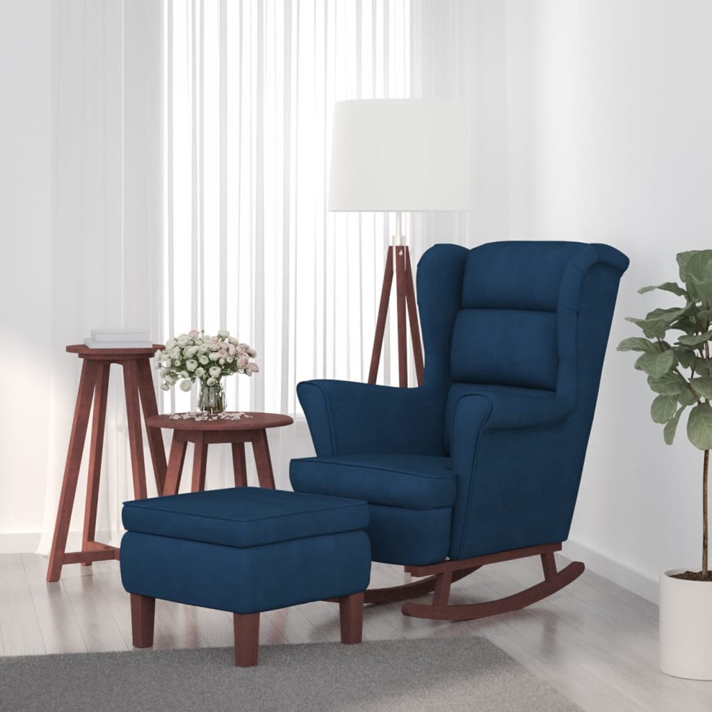 Chaise à bascule avec pieds en bois et tabouret Bleu Velours - XIOS