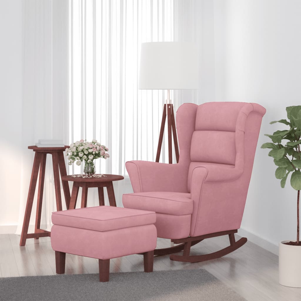 Chaise à bascule avec pieds en bois et tabouret Rose Velours - XIOS