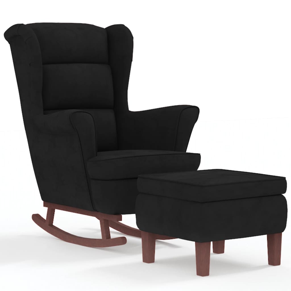 Chaise à bascule avec pieds en bois et tabouret Noir Velours - XIOS