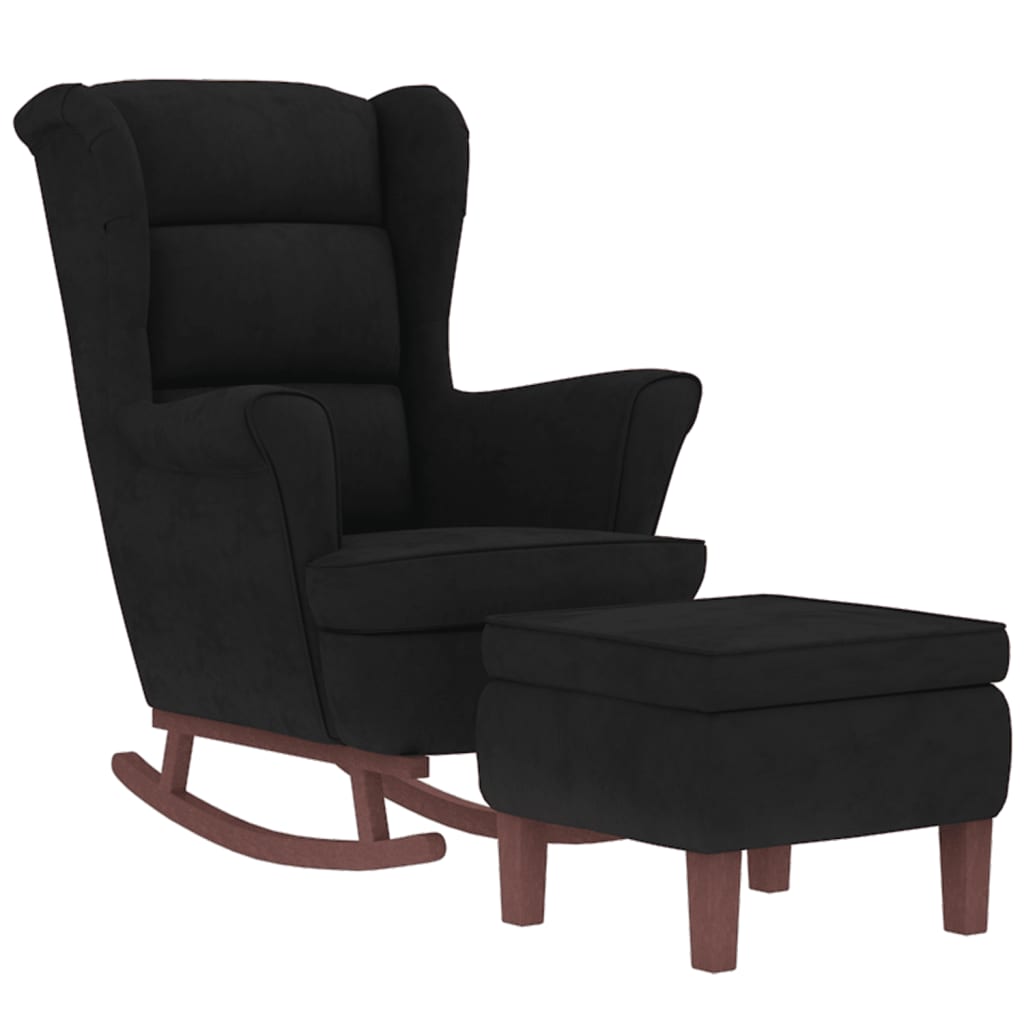 Chaise à bascule avec pieds en bois et tabouret Noir Velours - XIOS