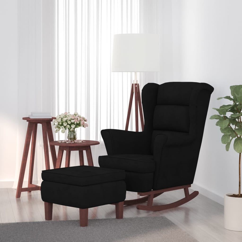 Chaise à bascule avec pieds en bois et tabouret Noir Velours - XIOS