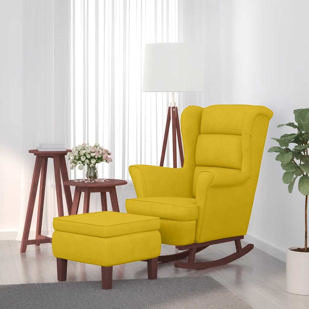 Fauteuil à bascule à oreilles en velours jaune bois massif - XIOS