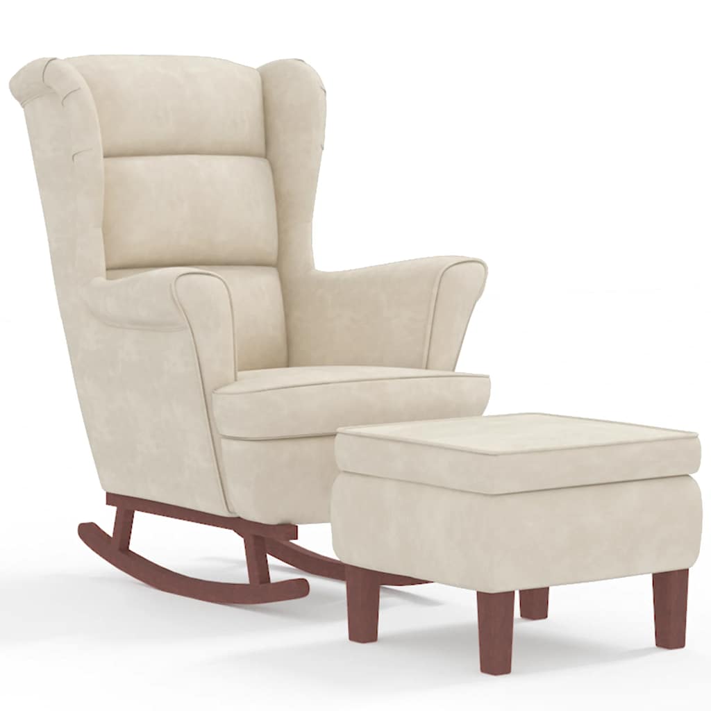 Chaise à bascule avec pieds en bois et tabouret Crème Velours - XIOS
