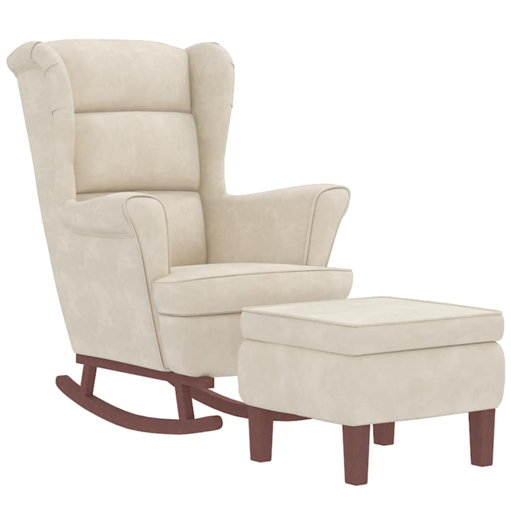 Chaise à bascule avec pieds en bois et tabouret Crème Velours - XIOS