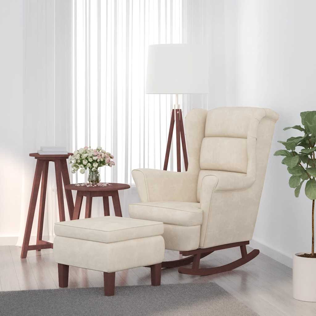 Chaise à bascule avec pieds en bois et tabouret Crème Velours - XIOS