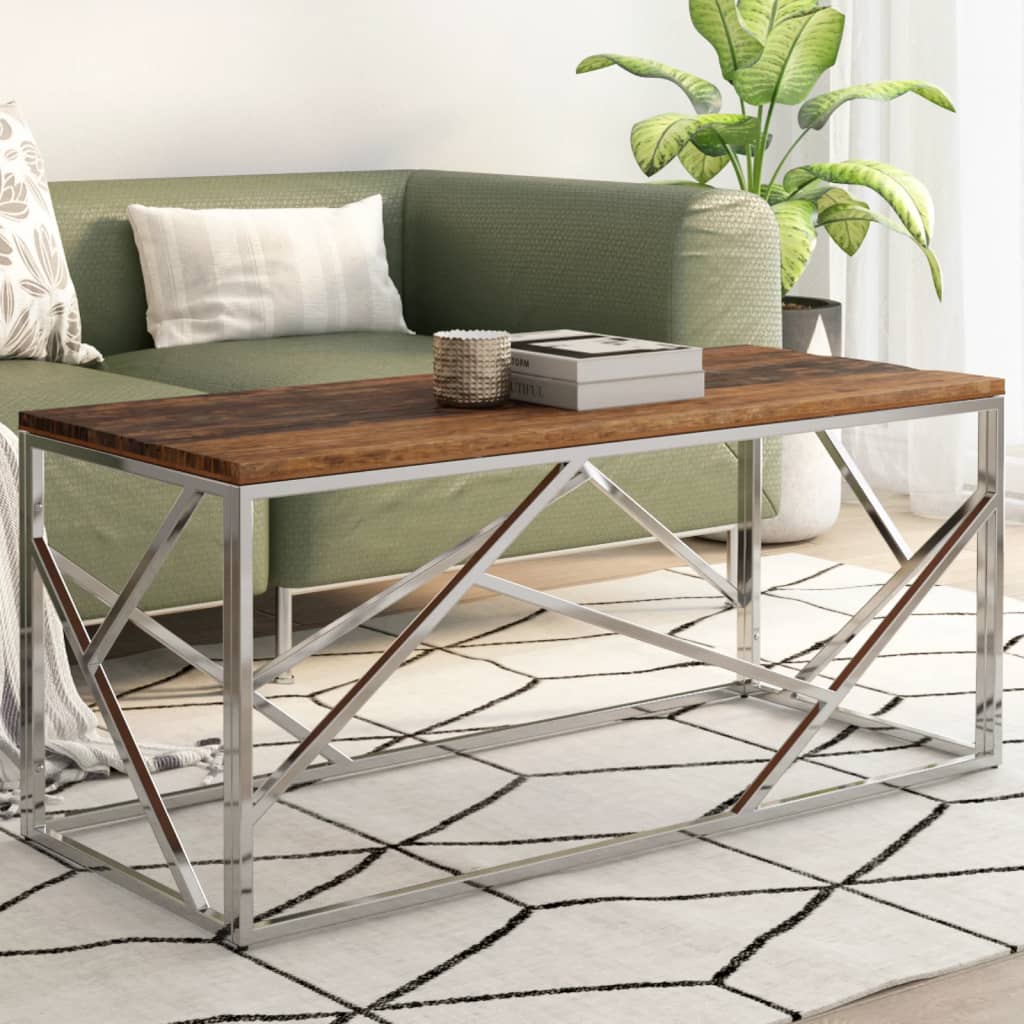 Table basse argenté inox et bois de mélèze massif - XIOS