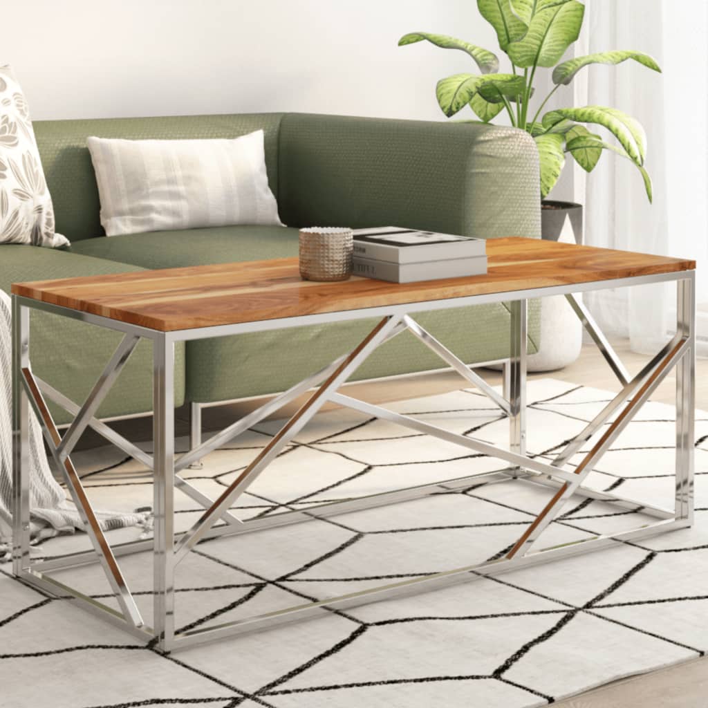 Table basse argenté acier inoxydable et bois massif d'acacia - XIOS